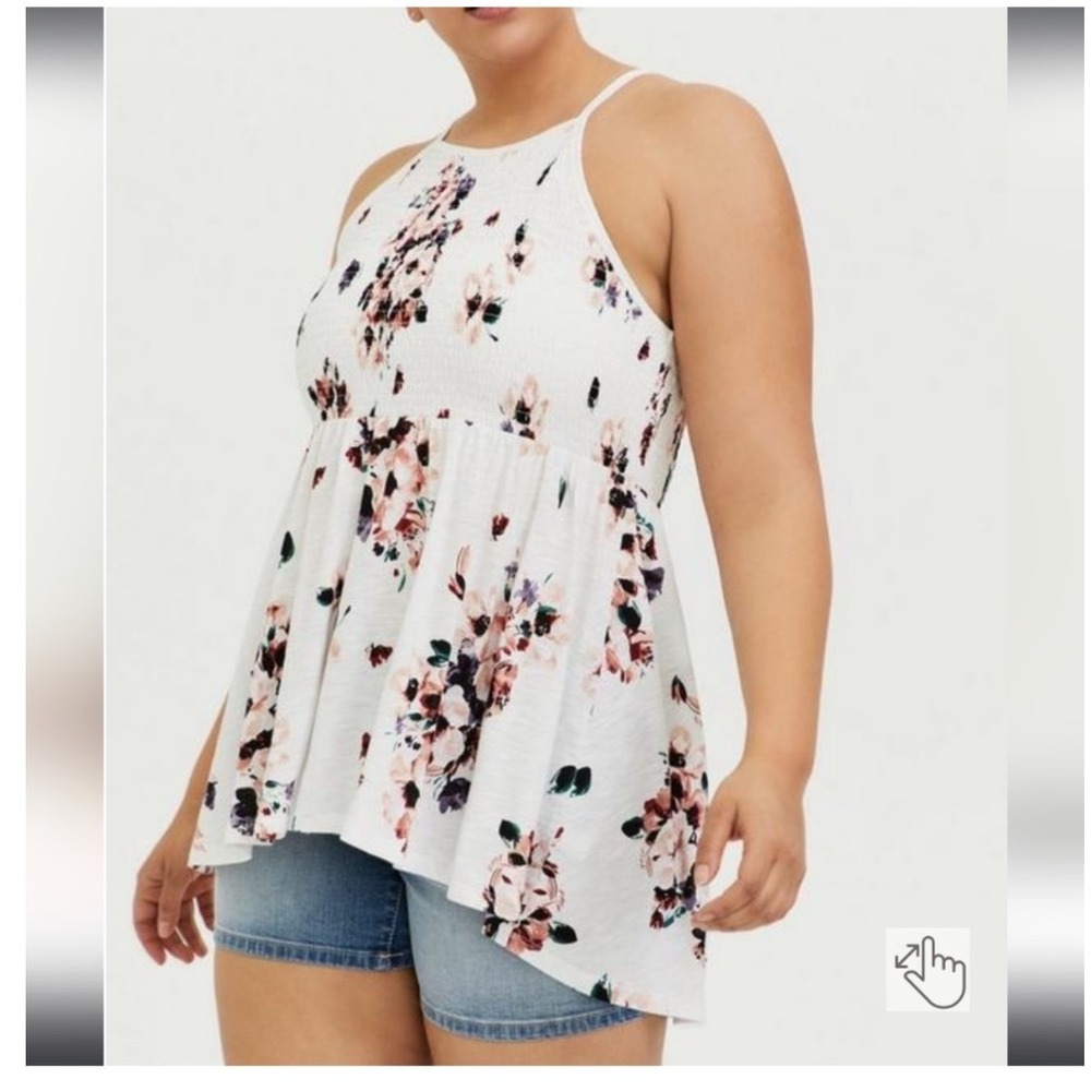 Torrid Floral Smocked Babydoll Cami Top White Purple Pink Sz 0x Plus Sleeveless